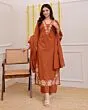 Women's Plus Size Rayon Orange Embroidered Kurta and pant set With Dupatta