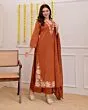 Women's Plus Size Rayon Orange Embroidered Kurta and pant set With Dupatta