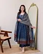 Women's Plus Size Rayon Printed Anarkali Navy Blue Kurta and Pant with Dupatta Set