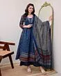 Women's Plus Size Rayon Printed Anarkali Navy Blue Kurta and Pant with Dupatta Set
