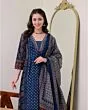 Women's Plus Size Rayon Printed Anarkali Navy Blue Kurta and Pant with Dupatta Set