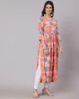Woman Floral Print Blue Anarkali Flared Tiered  Kurta