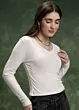 Women Off White V Neck Fitted Top