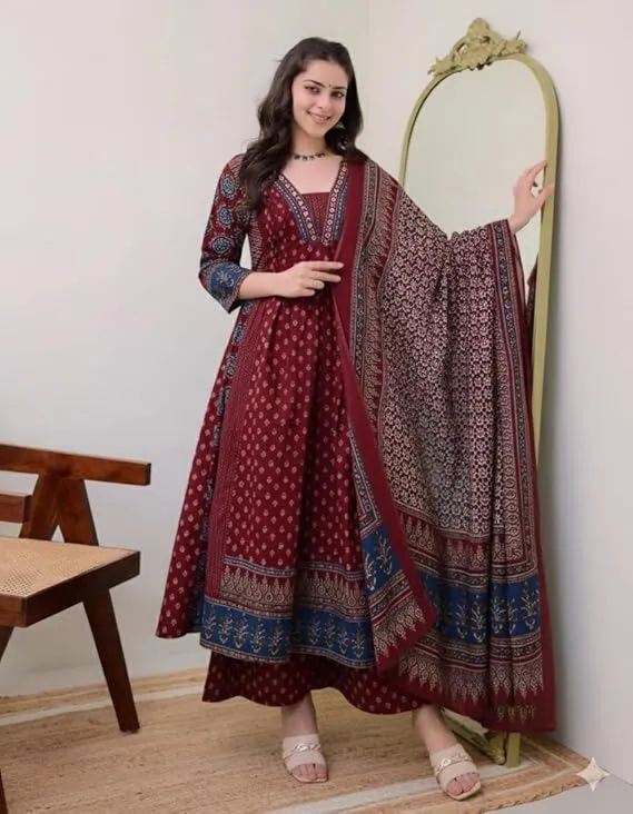 Women's Plus Size Rayon Printed Anarkali Maroon Kurta and Pant with Dupatta Set