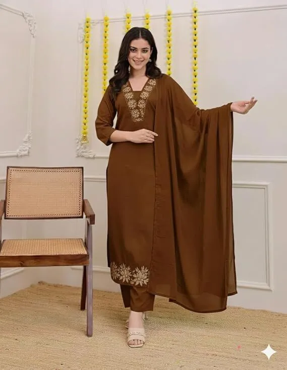 Women's Plus Size Rayon Brown  Embroidered Kurta and pant set With Dupatta