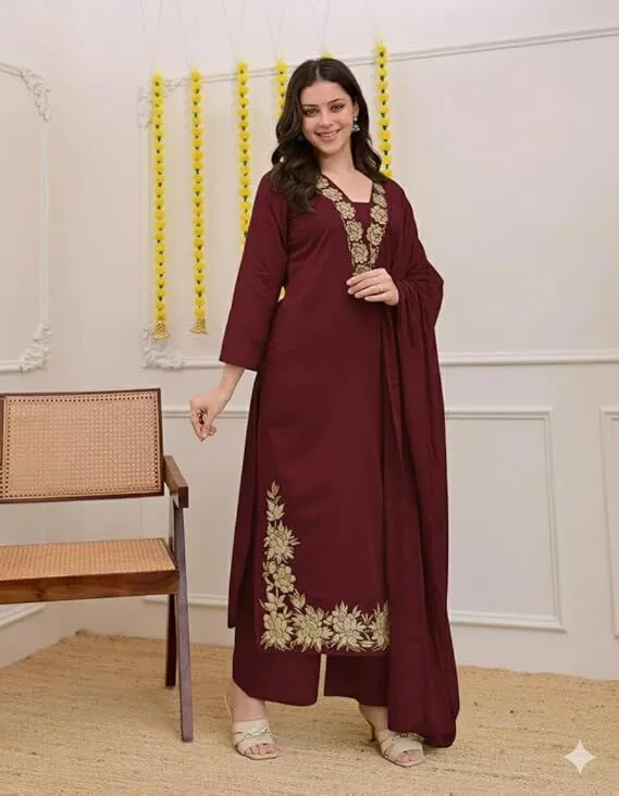 Women's Plus Size Rayon Maroon Solid Embroidery Kurta and pant set With Dupatta