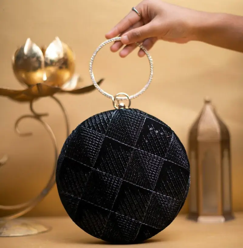 Women Black Embroidery Round Party Clutch