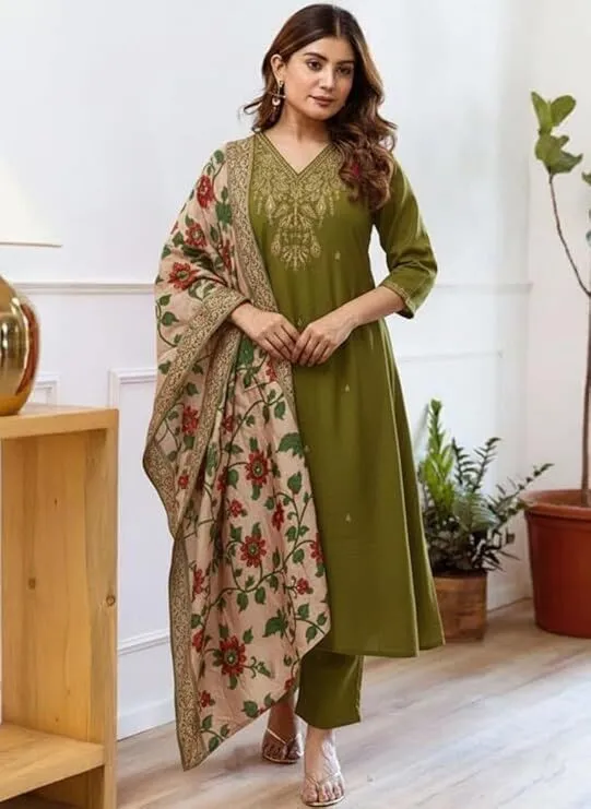 Women's Plus Size Embroidered Straight Kurta and Pant Set with Dupatta