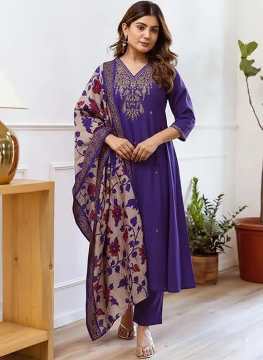 Women's Plus Size Silk Purple Embroidered Kurta with Pants And Dupatta
