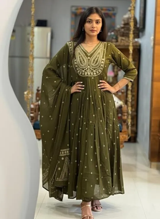  Women’s Rayon Plus Size Embroidered Anarkali Kurta with Pant & Dupatta ,Ethnic Kurti Set with Embroidery | 