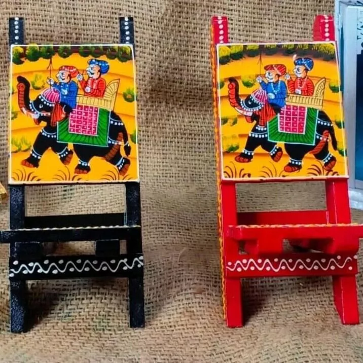 Wooden Rajasthani Art Work Beautiful Handcrafted Folding Handmade Wooden Small Chair Mobile Stand