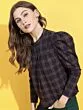 Navy Blue Checked Mandarin Collar Shirt Style Top