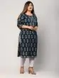 Women Printed Rayon Blue Plus Size Straight Kurta (Blue)