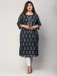 Women Printed Rayon Blue Plus Size Straight Kurta (Blue)
