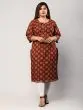 Women Printed Pure Cotton Plus Size Straight Kurta (Brown & Green)