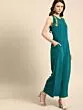Women Teal Blue Solid Basic Jumpsuit with Embroidered Detailing