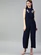 Women Navy Blue Solid Basic Jumpsuit With Embroidered Detailing
