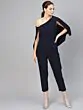 Women Navy Blue Solid One Shoulder Basic Cape Jumpsuit