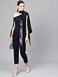 Women Navy Blue Solid One Shoulder Basic Cape Jumpsuit