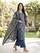 Blue Printed Straight Kurta Set With Dupatta for Women
