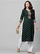 Women Printed Viscose Rayon Embroidered Straight Kurta (Green)