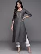Women Embroidered Cotton Blend Straight Kurta  (Grey, Silver)
