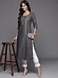 Women Embroidered Cotton Blend Straight Kurta  (Grey, Silver)