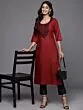 Women Embroidered Cotton Blend Straight Kurta  (Maroon)
