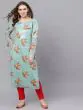 Pastel Green & Red Floral Print With Sequence Work Kurta