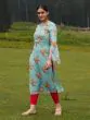 Pastel Green & Red Floral Print With Sequence Work Kurta