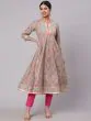 Pastle Green & Pink Floral Printed Anakali With Lace Work