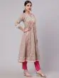Pastle Green & Pink Floral Printed Anakali With Lace Work