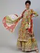 Green & Red Floral Printed Lace Work Kurta Sharara With Dupatta Set