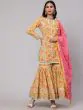 Yellow & Pink Floral Printed Kurta & Sharara With Dupatta Set