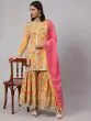 Yellow & Pink Floral Printed Kurta & Sharara With Dupatta Set