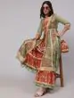 Red & Green Floral Printed Lace Work Kurta & Sharara With Organza Jacket & Potali Bag