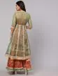 Red & Green Floral Printed Lace Work Kurta & Sharara With Organza Jacket & Potali Bag