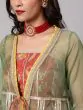 Red & Green Floral Printed Lace Work Kurta & Sharara With Organza Jacket & Potali Bag