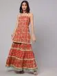 Red & Green Floral Printed Lace Work Kurta & Sharara With Organza Jacket & Potali Bag