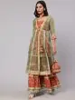 Red & Green Floral Printed Lace Work Kurta & Sharara With Organza Jacket & Potali Bag