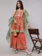 Red & Green Floral Printed Lace Work Kurta & Sharara With Organza Dupatta