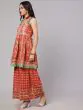 Red & Green Floral Printed Lace Work Kurta & Sharara With Organza Dupatta
