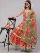 Red & Green Floral Printed Lace Work Kurta & Skirt With Organza Dupatta & Potali Bag