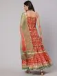 Red & Green Floral Printed Lace Work Kurta & Skirt With Organza Dupatta & Potali Bag