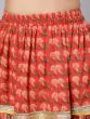 Red & Green Floral Printed Lace Work Kurta & Skirt With Organza Dupatta & Potali Bag
