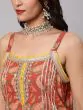 Red & Green Floral Printed Lace Work Kurta & Skirt With Organza Dupatta & Potali Bag