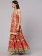 Red & Green Floral Printed Lace Work Kurta & Skirt With Organza Dupatta & Potali Bag