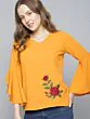 Women Mustard Solid Top with Embroidered Detail