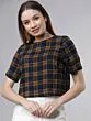 Women Navy Blue & Mustard Yellow Checked Boxy Top