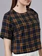 Women Navy Blue & Mustard Yellow Checked Boxy Top